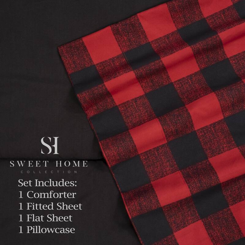 Sweet Home Collection Burgundy Black Buffalo Check Sheet & Solid Black Comforter Set