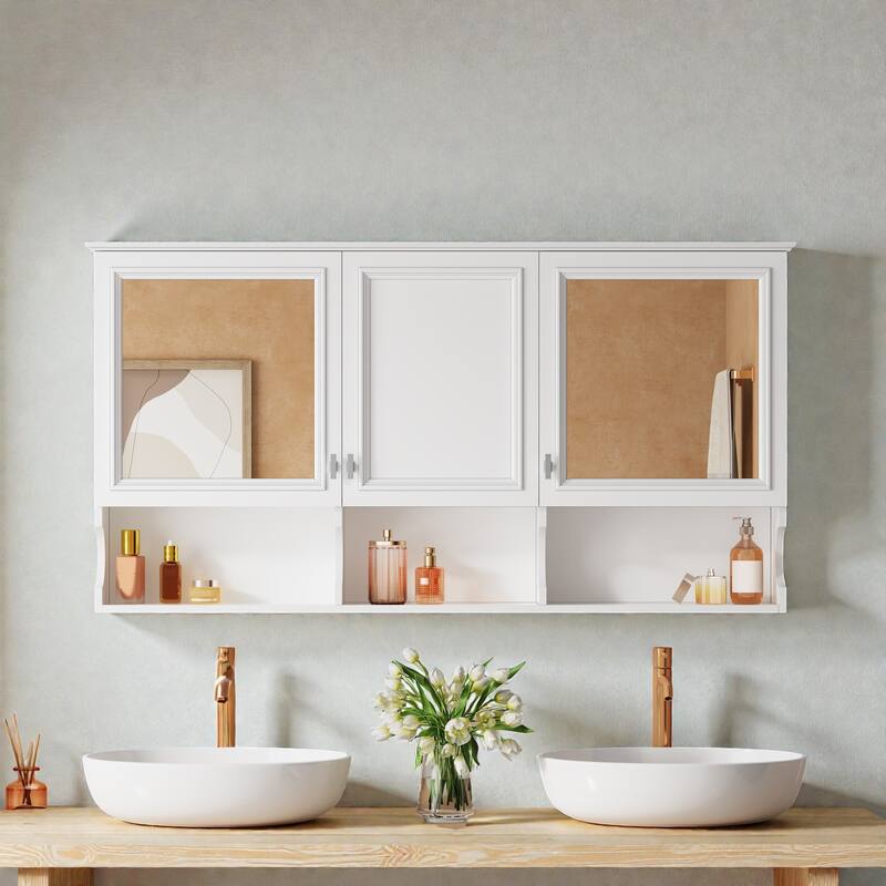 55 Inch Mirrored Medicine Cabinet with Open Shelves, Wall Mounted Bathroom Storage Cabinet with Doors