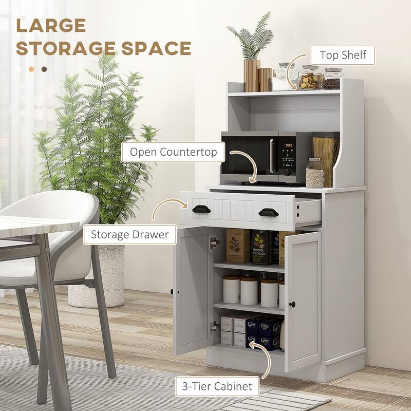 White Microwave Cabinet with Drawer and Adjustable 3 Tier Storage for Kitchen Organization - 24" W x 13.8" D x 49.4" H