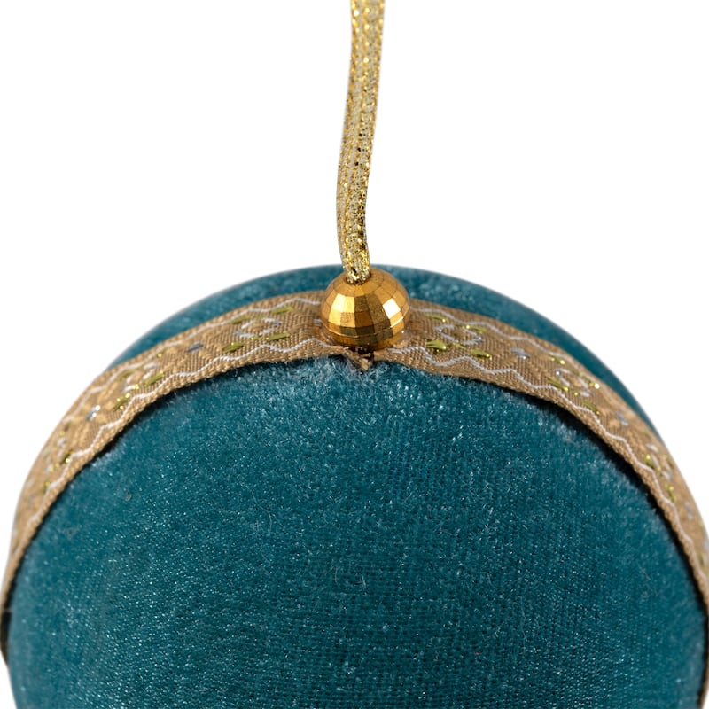 3.25" Teal Green and Gold Velour Round Ball Christmas Ornament