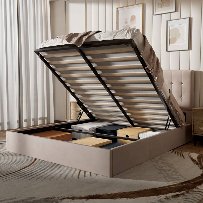 Plywood Frame Upholstered Platform Bed with Lift-up Storage