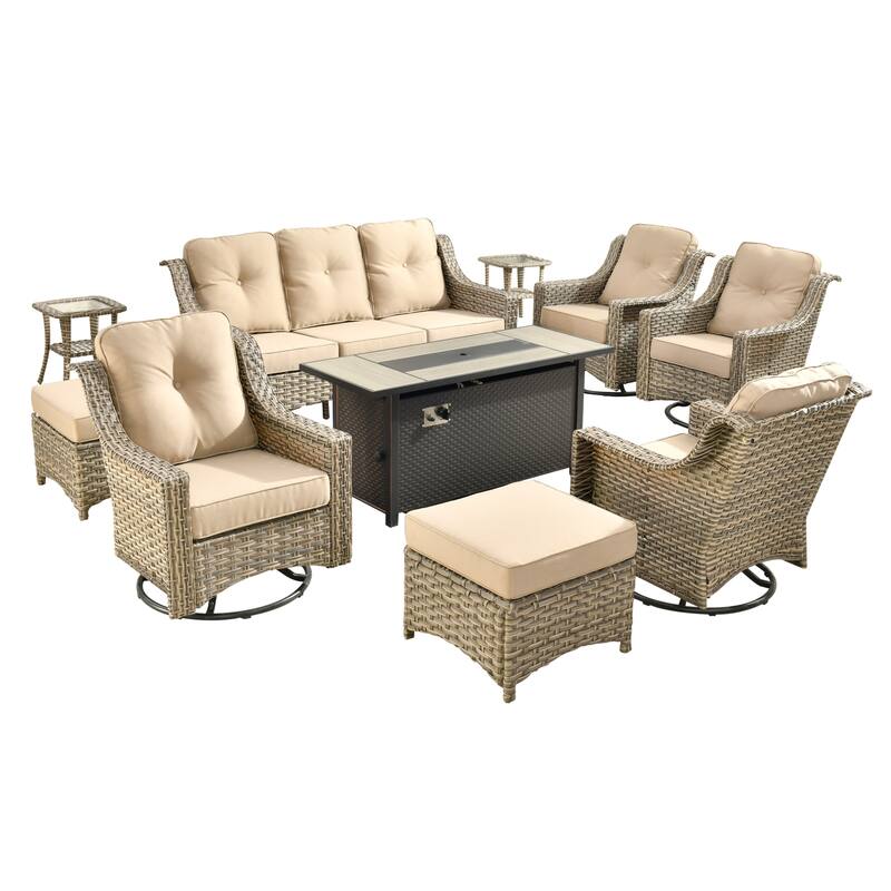 HOOOWOOO 10-piece Wicker Outdoor Patio High Back Swivel Chair Set with Fire Pit