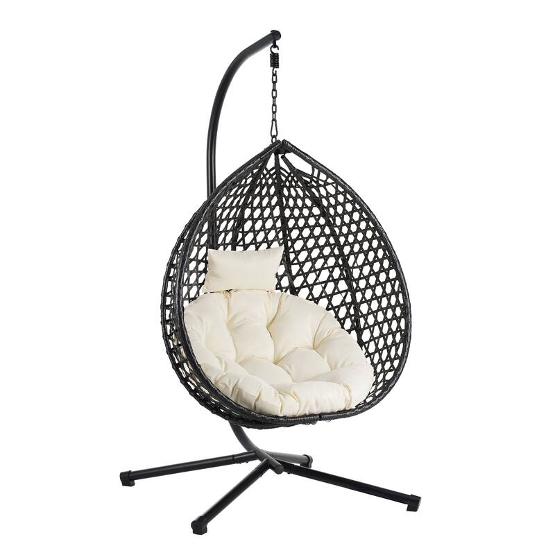 Hollowed-Out Hanging Chair with Adjustable Headrest, Weather-Resistant Rattan Swing Chair with Iron Base