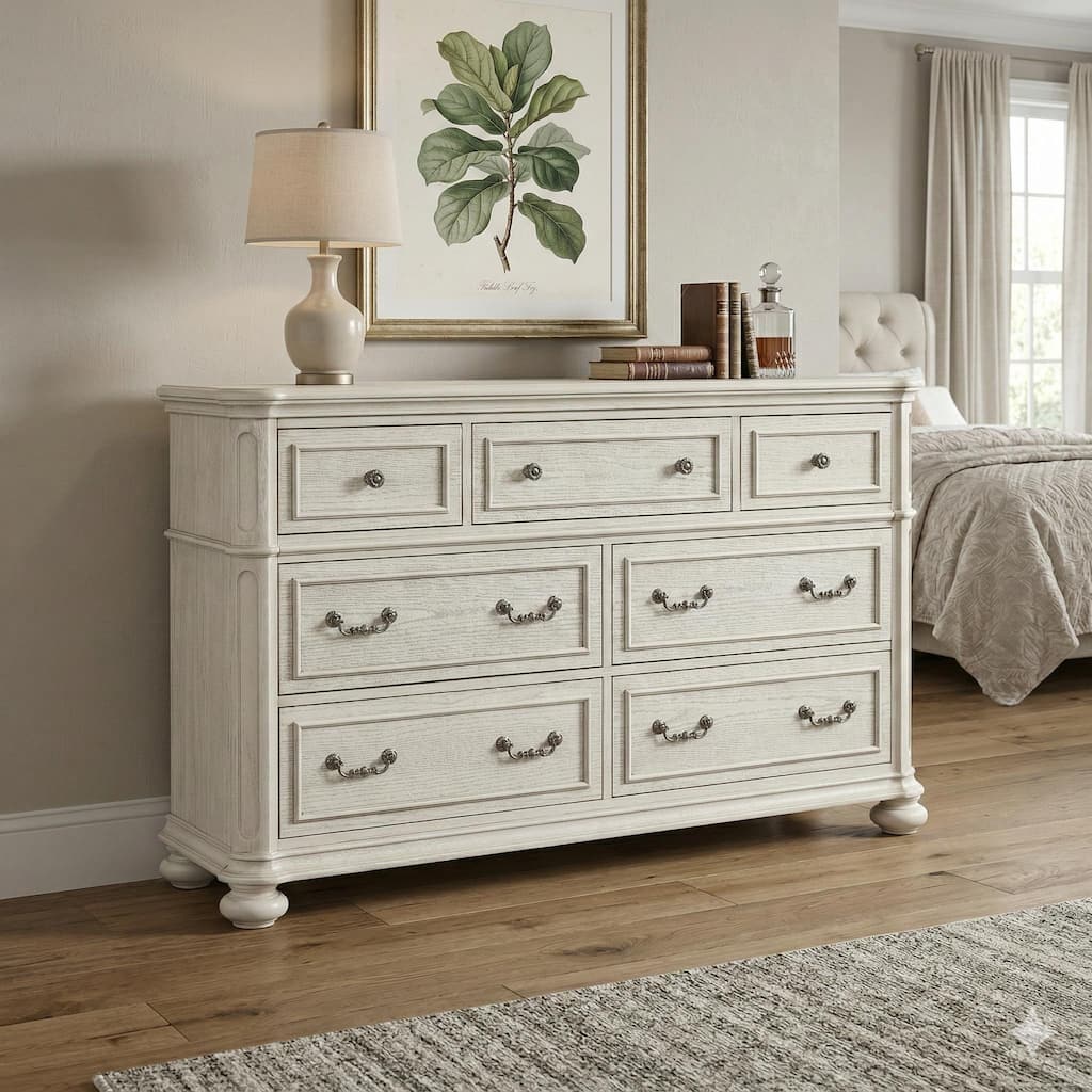 Roundhill Furniture Nelson 7-Drawer Bedroom Dresser, Antique White