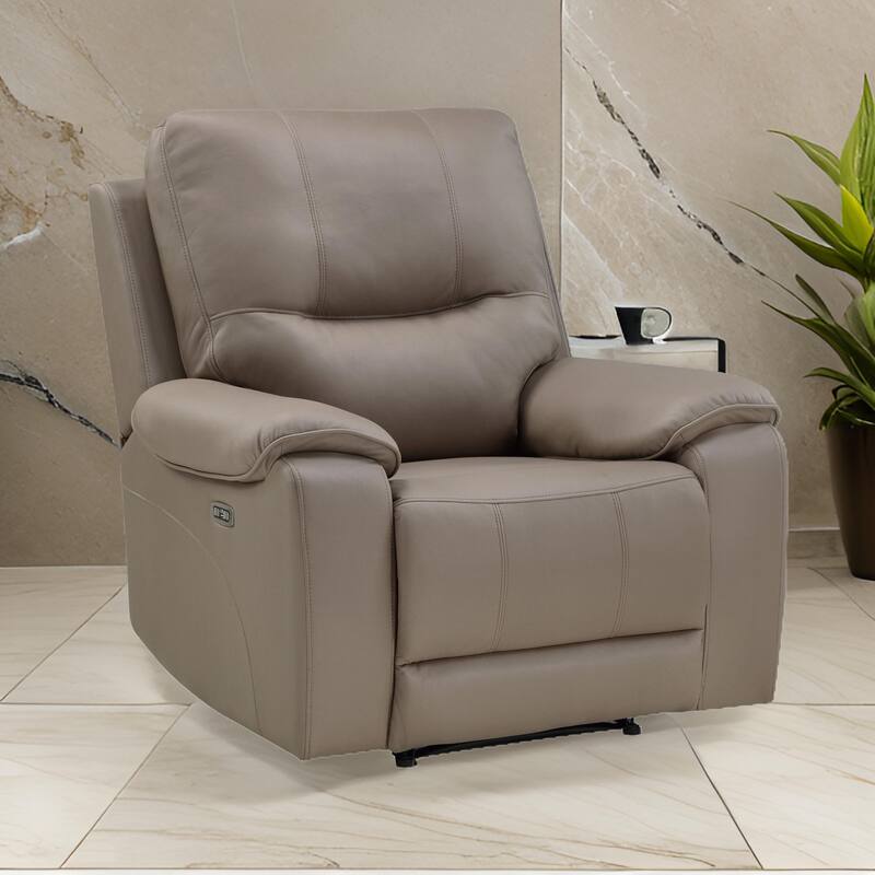 Perry 39 Inch Power Recliner Chair, USB, Solid Wood, Taupe Gray Microfiber