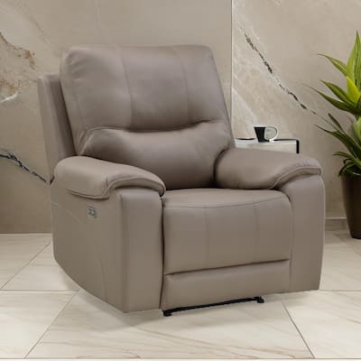 Perry 39 Inch Power Recliner Chair, USB, Solid Wood, Taupe Gray Microfiber