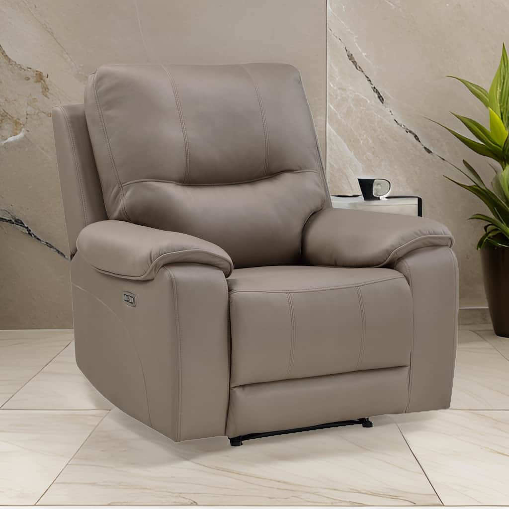 Perry 39 Inch Power Recliner Chair, USB, Solid Wood, Taupe Gray Microfiber