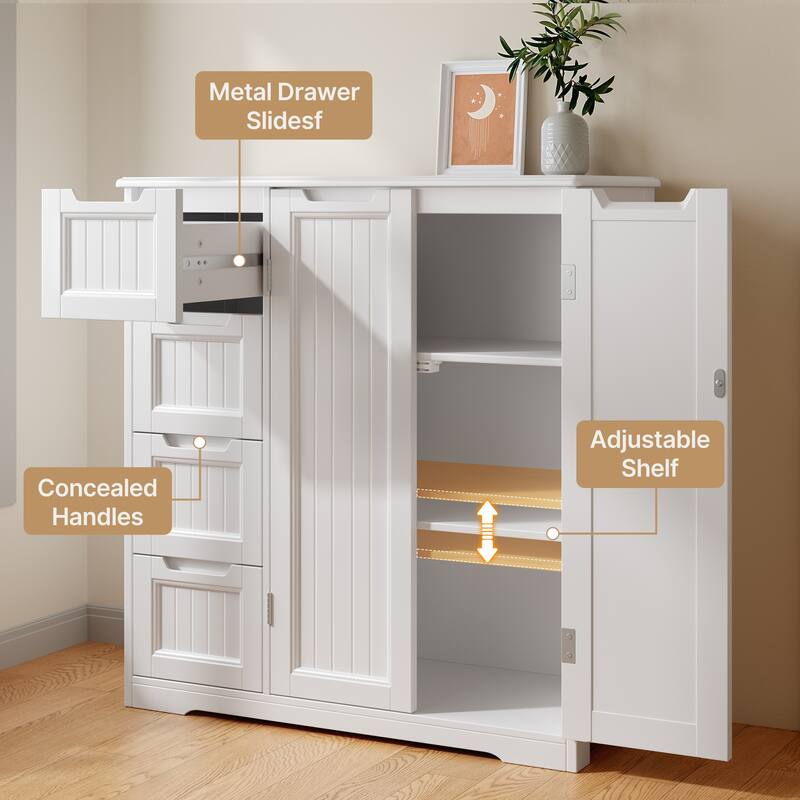 33.5''H Bathroom Floor Cabinet, 31.5''W Kitchen Pantry Storage Cabinet with 4 Drawers & Double Doors