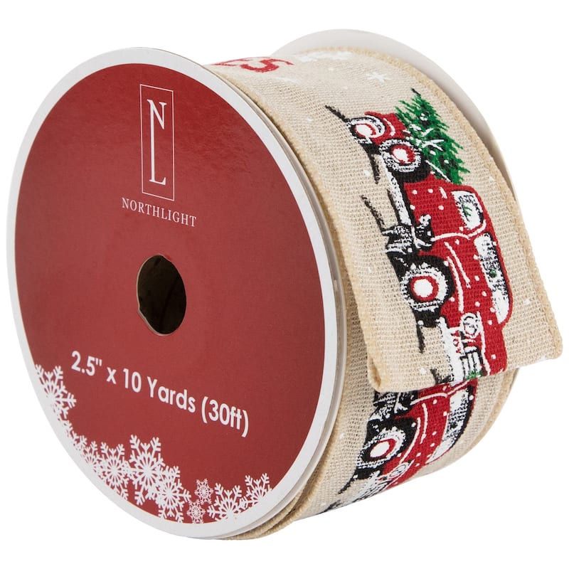 Beige "Farm Fresh Christmas Trees" Wired Craft Christmas Ribbon 2.5" x 10 Yards - 30'