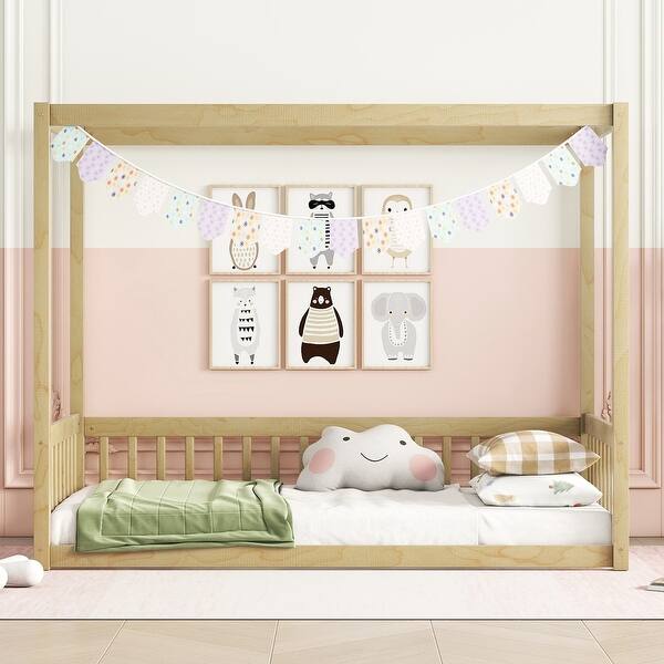slide 2 of 6, Twin Size Wooden Canopy Frame Floor Bed with Fence, Guardrails Natural