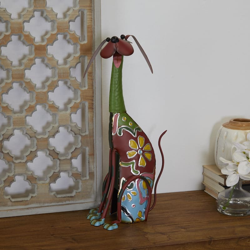 Metal Dog Indoor Outdoor Decorative Garden Sculpture with Floral Pattern - Multi Colored - Roche River Decor