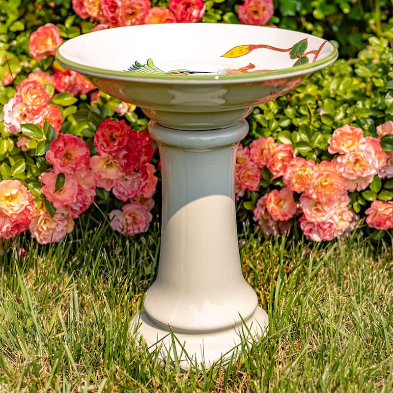 15 Inch Tall Porcelain Pedestal Birdbath - 13"x13"x15"