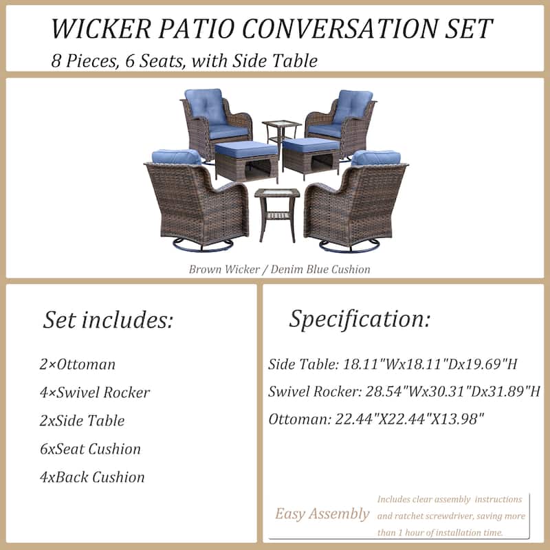 8 Piece Outdoor Patio Swivel Glider Chairs Ottoman Set with Side Table