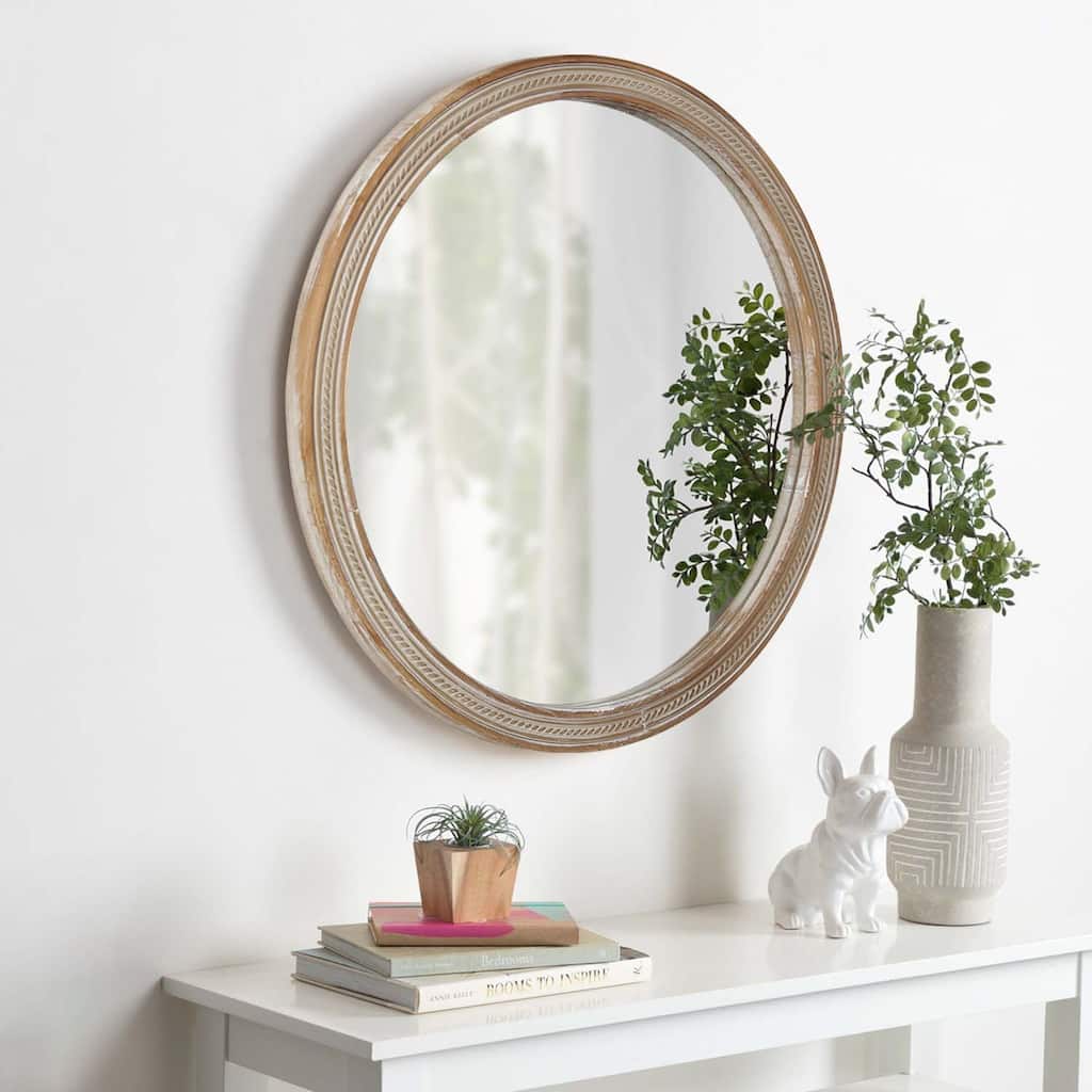 Round Decorative Wall Mirror with Woven Rattan-Textured Frame - Natural Wood