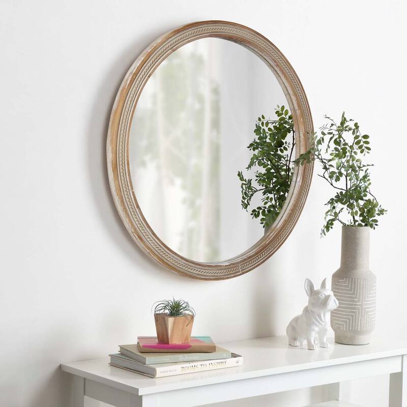 Round Decorative Wall Mirror with Woven Rattan-Textured Frame - Natural Wood - Natural Wood