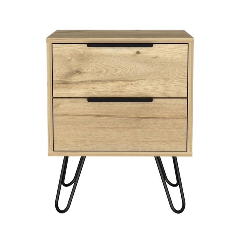 Light Oak Nightstand with Hairpin Legs and Two Drawers