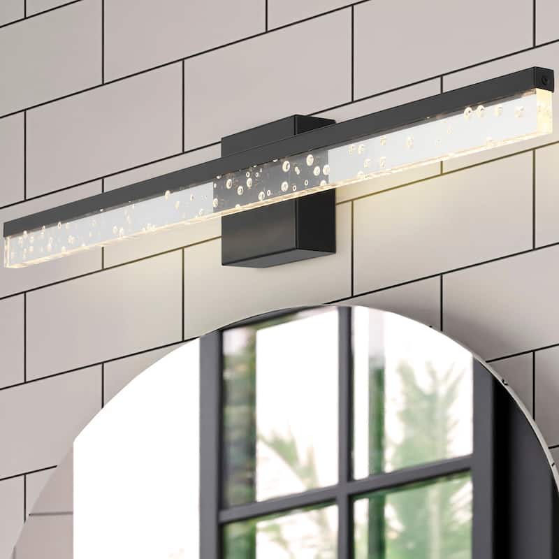 Baxter 22" 1-Light Modern Contemporary 360-Degree Rotatable Iron/Seeded Acrylic Integrated LED Vanity Light, by JONATHAN Y - 30" - Black/Clear