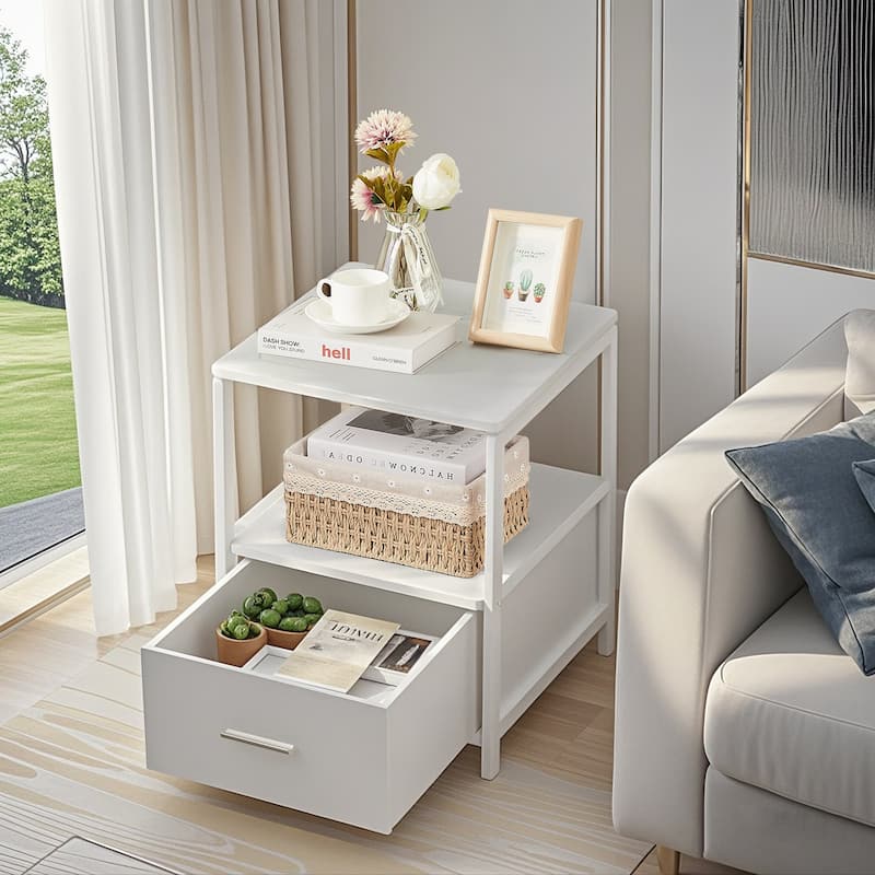 VECELO Nightstand Set of 2 Modern 2 Pack Square Metal End Side Table Open Shelf & Drawer Storage for Bedroom Living Room
