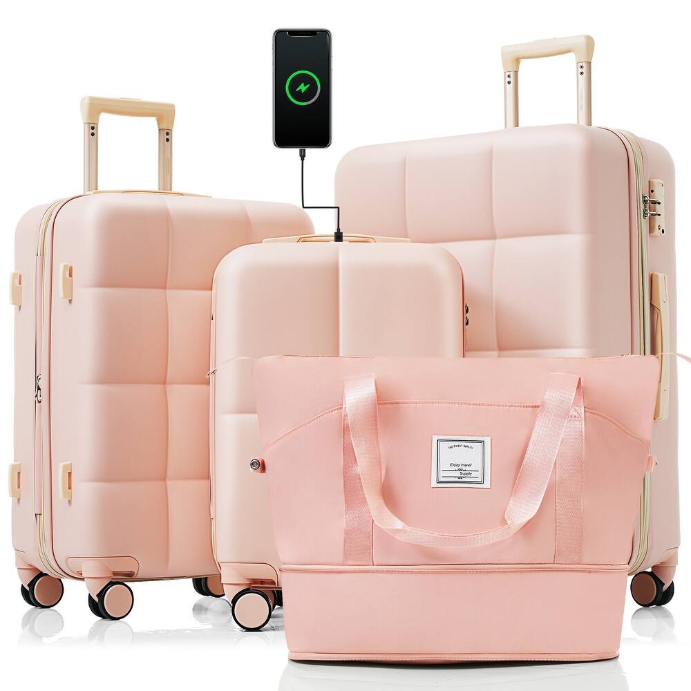 4 Piece Expandable Luggage Sets, ABS Durable Suitcase with Travel Bag and Cup Holder, Hard Shell Spinner Wheels Luggage