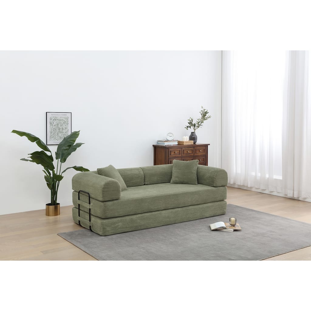 Convertible Sleeper Sofa Bed with Cylindrical Pillow - Corduroy Folding Mattress Couch for Living Room, Bedroom, Lounge, Studio