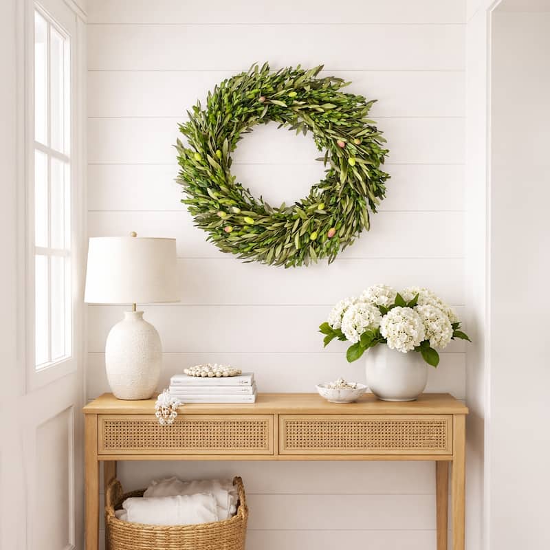Preserved Decorative Dried Real Olive Boxwood Leaf Wreath 21 Inch - Green