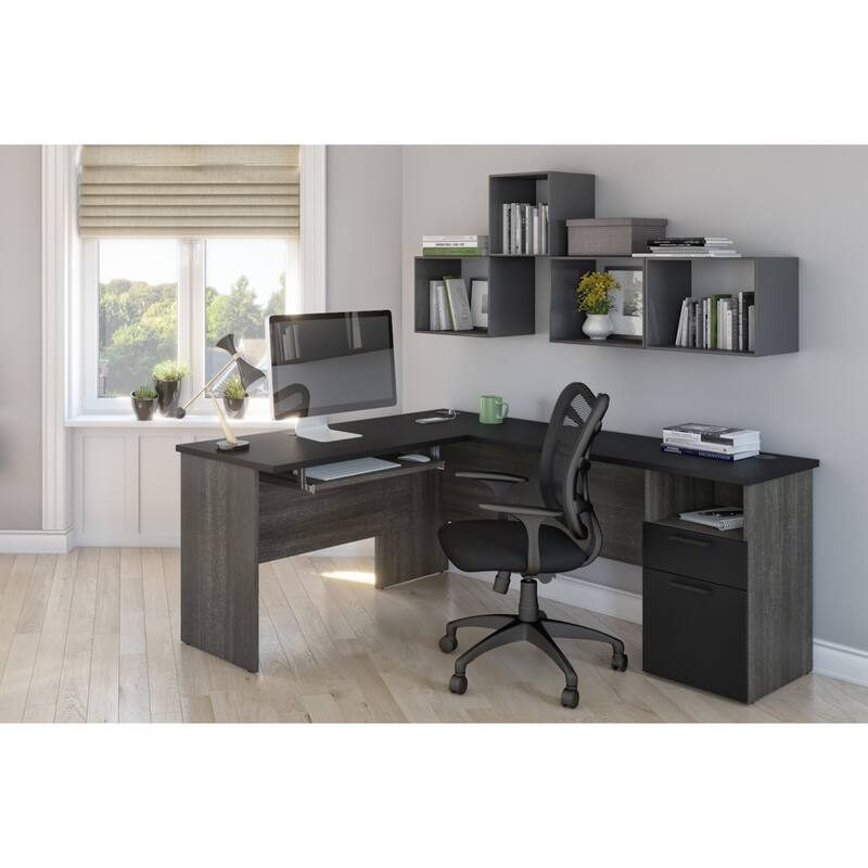 Bestar Norma 71W L-Shaped Desk with Drawers and Keyboard Tray - Black