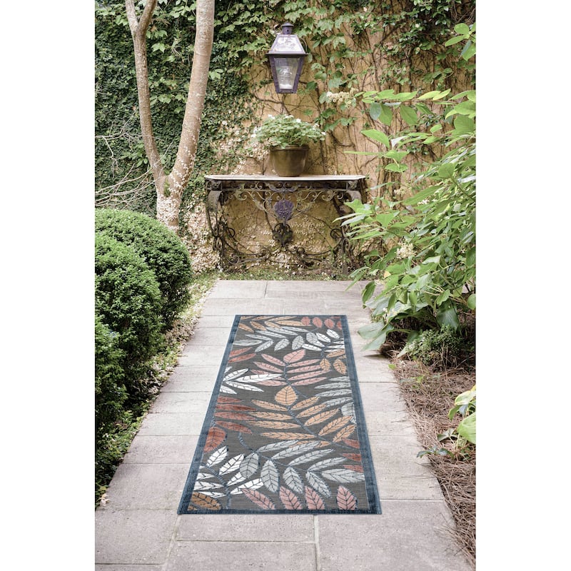 Tropicana Tropical Floral Indoor/Outdoor Area Rug - 2'2'' x 7'3'' - Black/Dark Blue