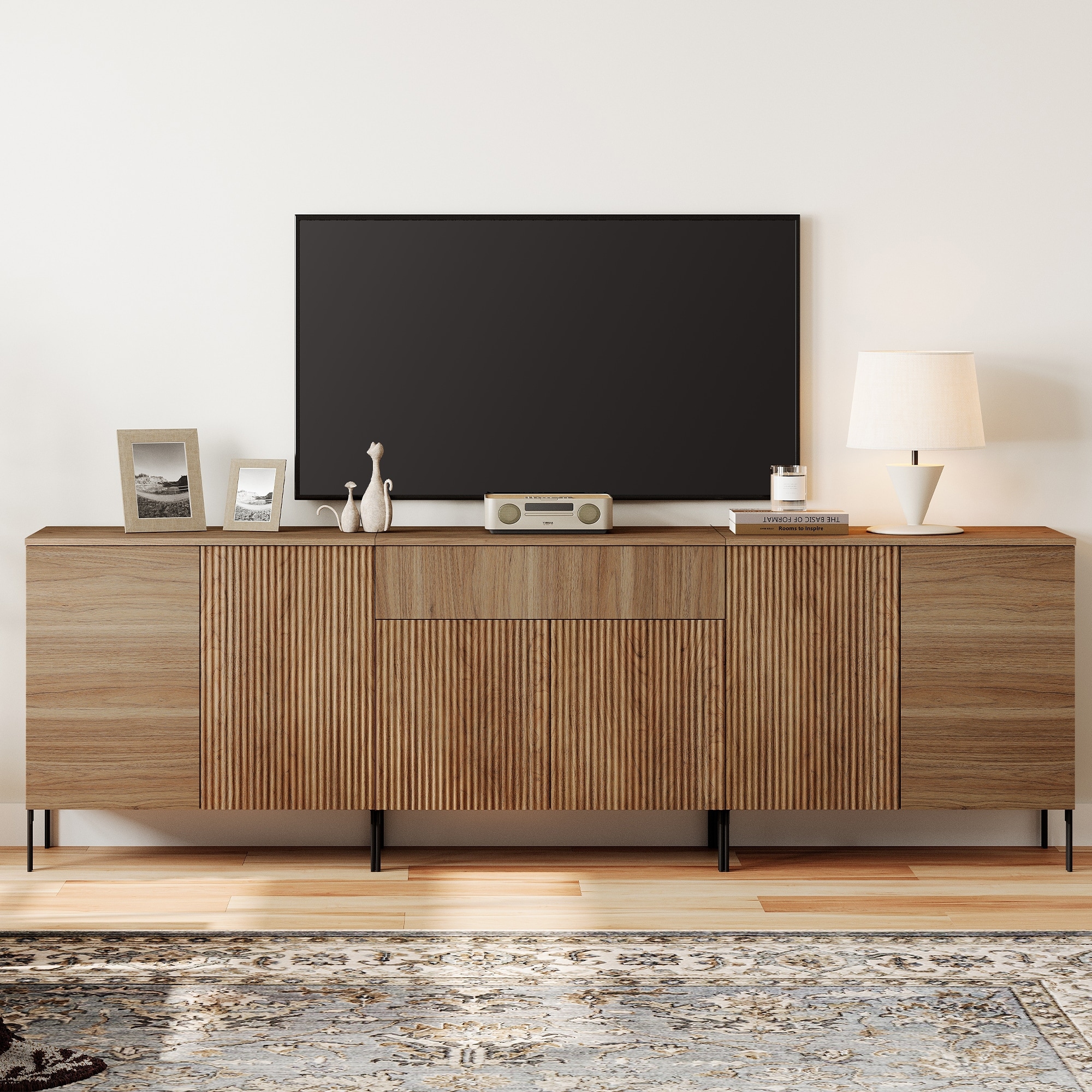 94.5" Modern Reeded Dresser TV Stand For Tvs Up To 100 Inch, Entertainment Center With Adjustable