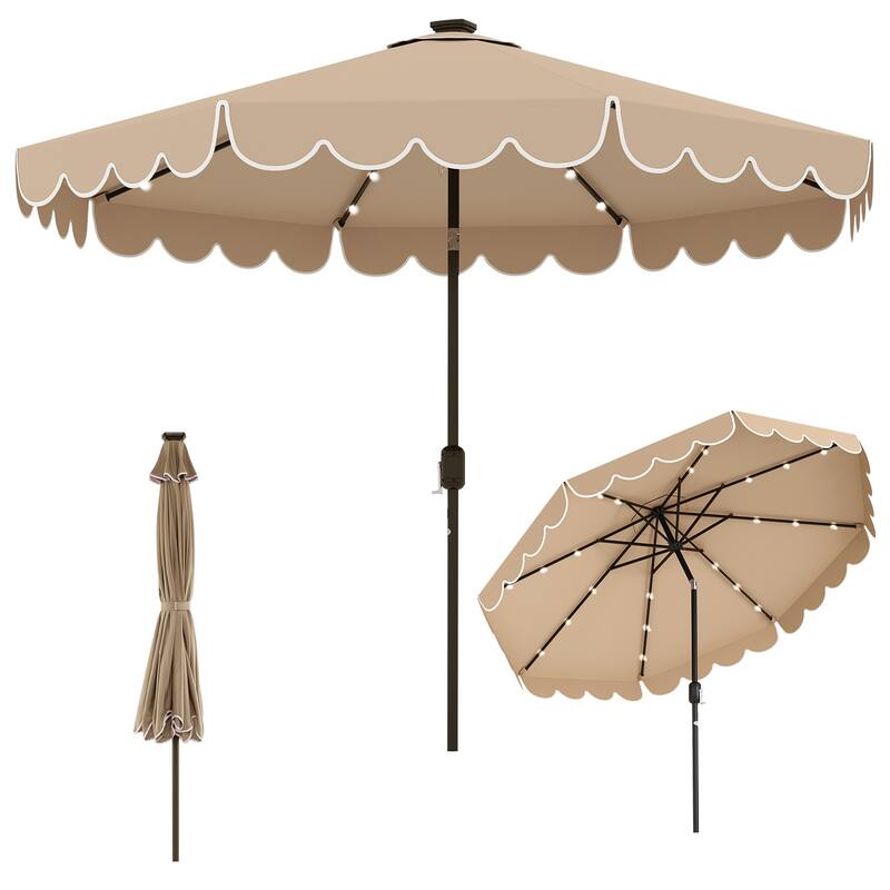 10 Feet Solar Patio Umbrella with LED Lights Push Button Tilt and Crank Handle for Backyard Deck