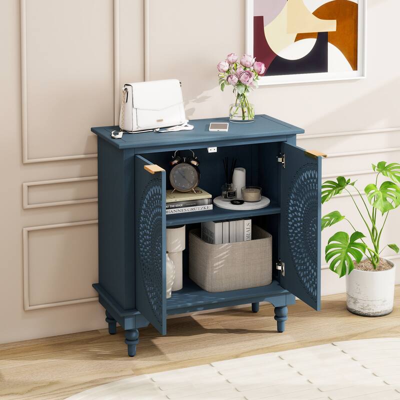 GDFStudio - Manchuria Crest American Style Hollow-Carved Storage Accent Cabinet with 2 Doors