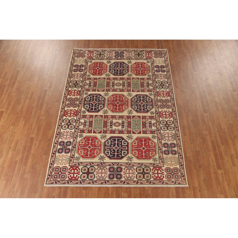 All-Over Geometric Kazak Area Rug Handmade Wool Carpet - 6'9" x 9'6"
