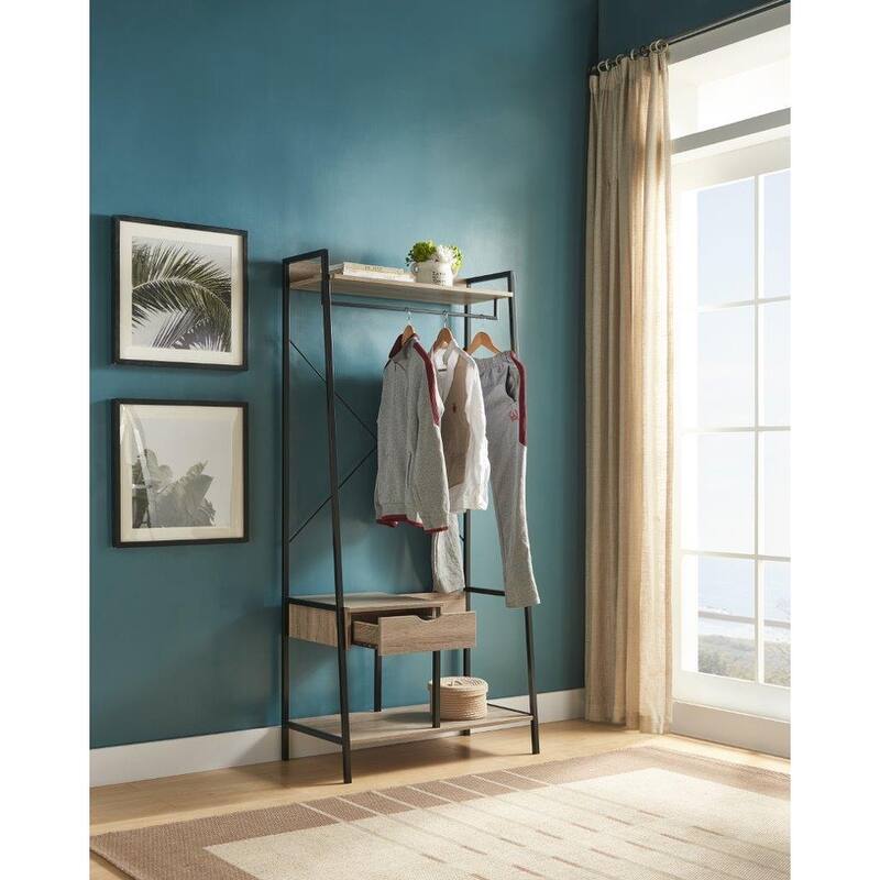 Metal Clothes Rack with Hanging Rod and Top Open Shelf