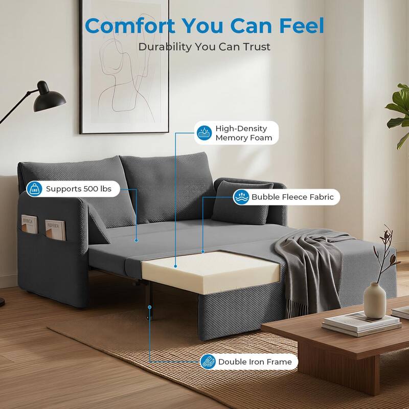 Mixoy Convertible Sofa Bed with Memory Foam Mattress, Queen Size, Beige/Grey, Adjustable Backrest