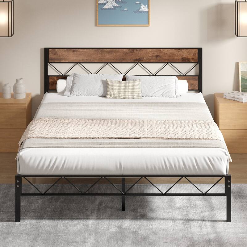 VECELO Vintage Metal Platform Bed Frame with Wood Headboard, Storage Bed, Noise-Free, No Box Spring Needed, Twin/Full/Queen Size - Rustic Brown - Full