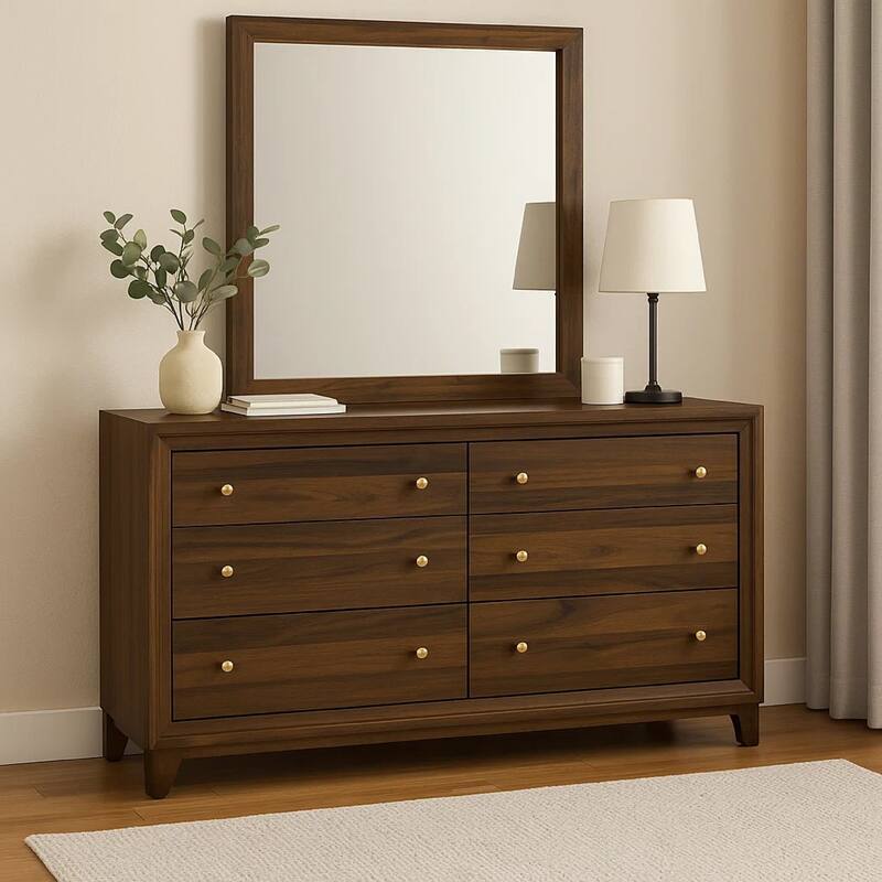 Yels Wide Dresser with Matching Mirror, 6 Drawers, Walnut Brown Wood