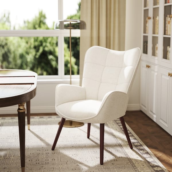 KANAS Modern Wingback Accent Chair , Adjustable Foot Pads, and Tapered Wood Legs - Beige/Espresso
