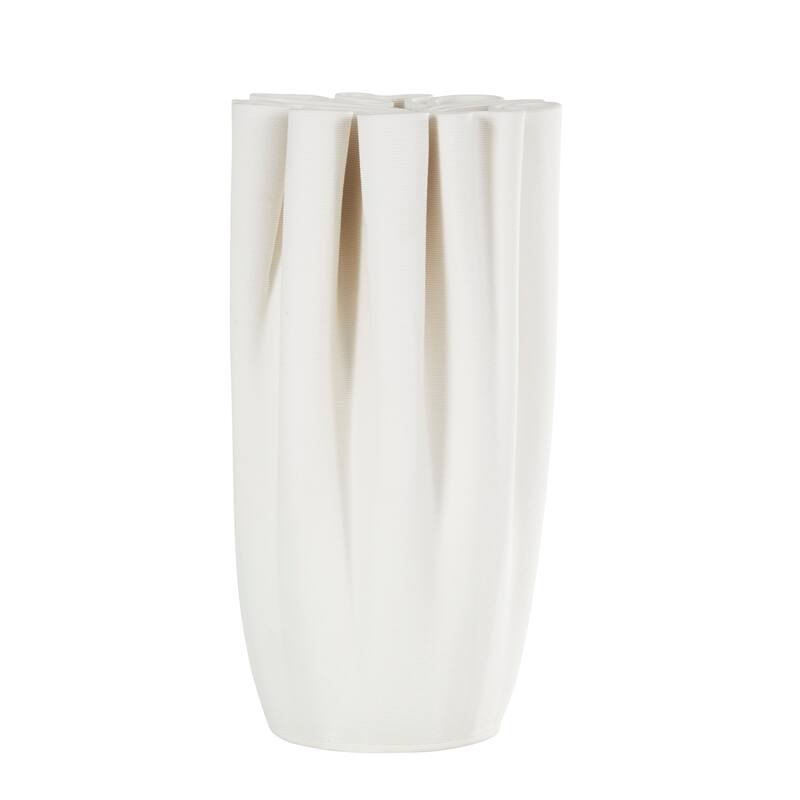 White Ceramic Ribbed Dimensional Folded Abstract Vase with Compact Wavy Rim