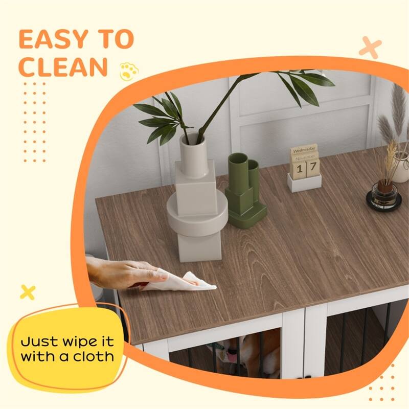 Walnut and White Dog Crate Side Table with Double Doors Adjustable Feet and Storage Cabinet
