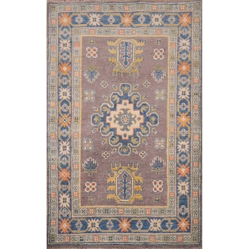 Traditional Kazak Oriental Foyer Rug Handmade Grey Wool Carpet - 2'8" x 4'2"