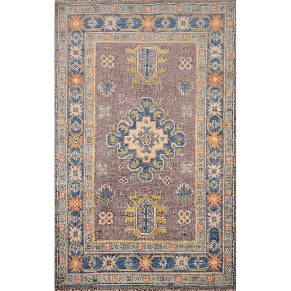 Traditional Kazak Oriental Foyer Rug Handmade Grey Wool Carpet - 2'8" x 4'2"