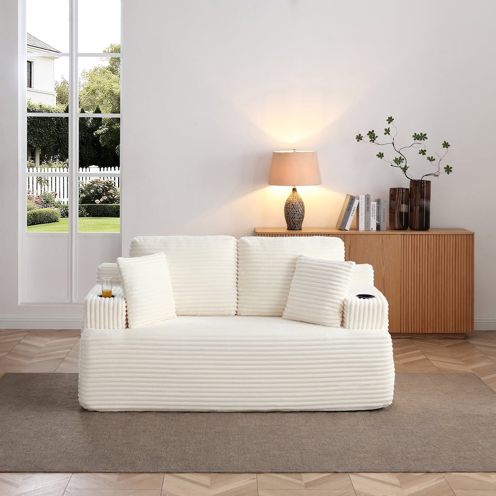 66.5'' Beige Boneless Sofa Couch with 2 Pillows, 2 Seater Sofa Couch Upholstered Loveseat with Side Pocket