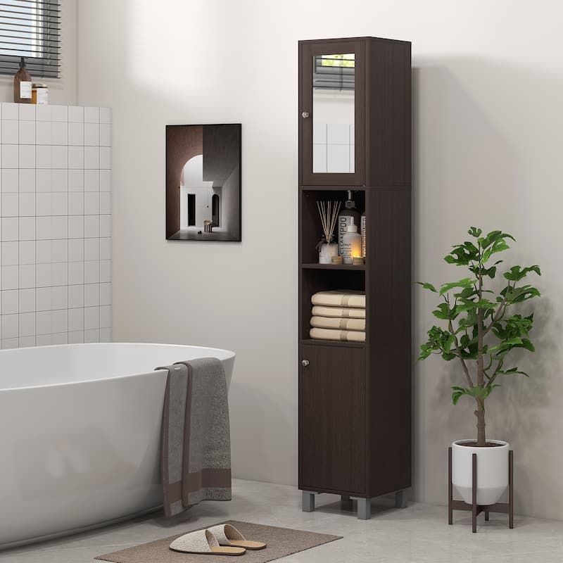 kleankin Tall Bathroom Storage Cabinet with Mirror, Wooden Freestanding Tower Cabinet with Adjustable Shelves for Bathroom - Espresso
