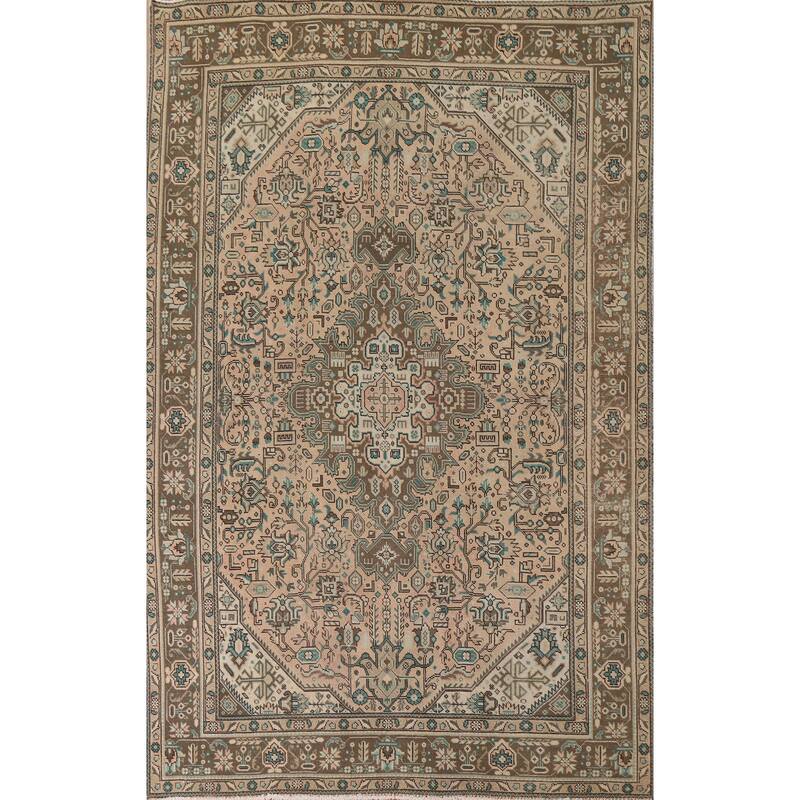 Hand Knotted Oriental 100% Wool Carpet Traditional Medallion Peach Tabriz Area Rug - 9' 5'' X 6' 7''