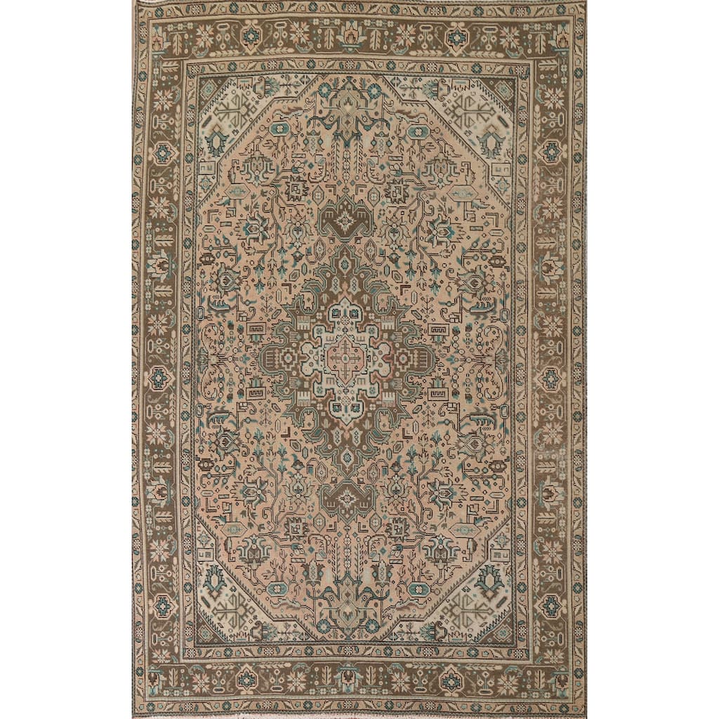 Hand Knotted Oriental 100% Wool Carpet Traditional Medallion Peach Tabriz Area Rug - 9' 5'' X 6' 7''