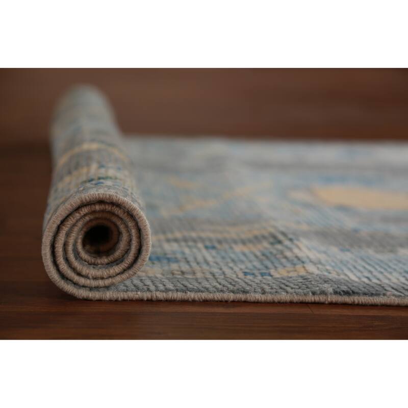 Hand Knotted Oriental 100% Wool Carpet Transitional Geometric Greys & Charcoal Oushak Runner Rug - 15' 0'' X 3' 2''