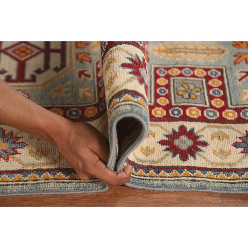 Geometric Kazak Runner Rug Handmade Traditional Blue Wool Carpet - 2'8" x 13'6"