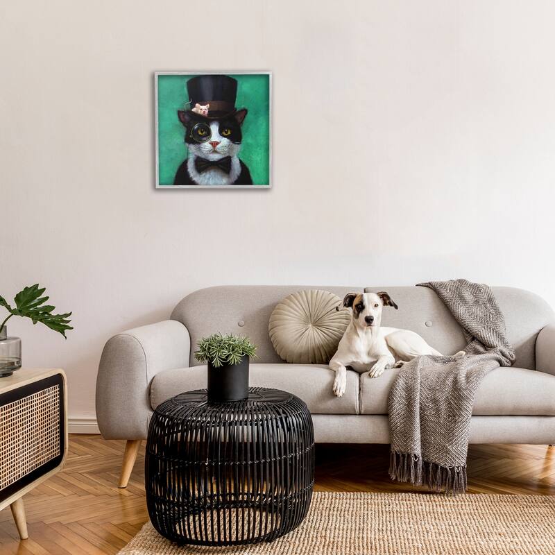 Stupell Good Sir Top Hat Cat w. Mouse and A Monacle Framed Wall Art, 12x12, Proudly Made in USA