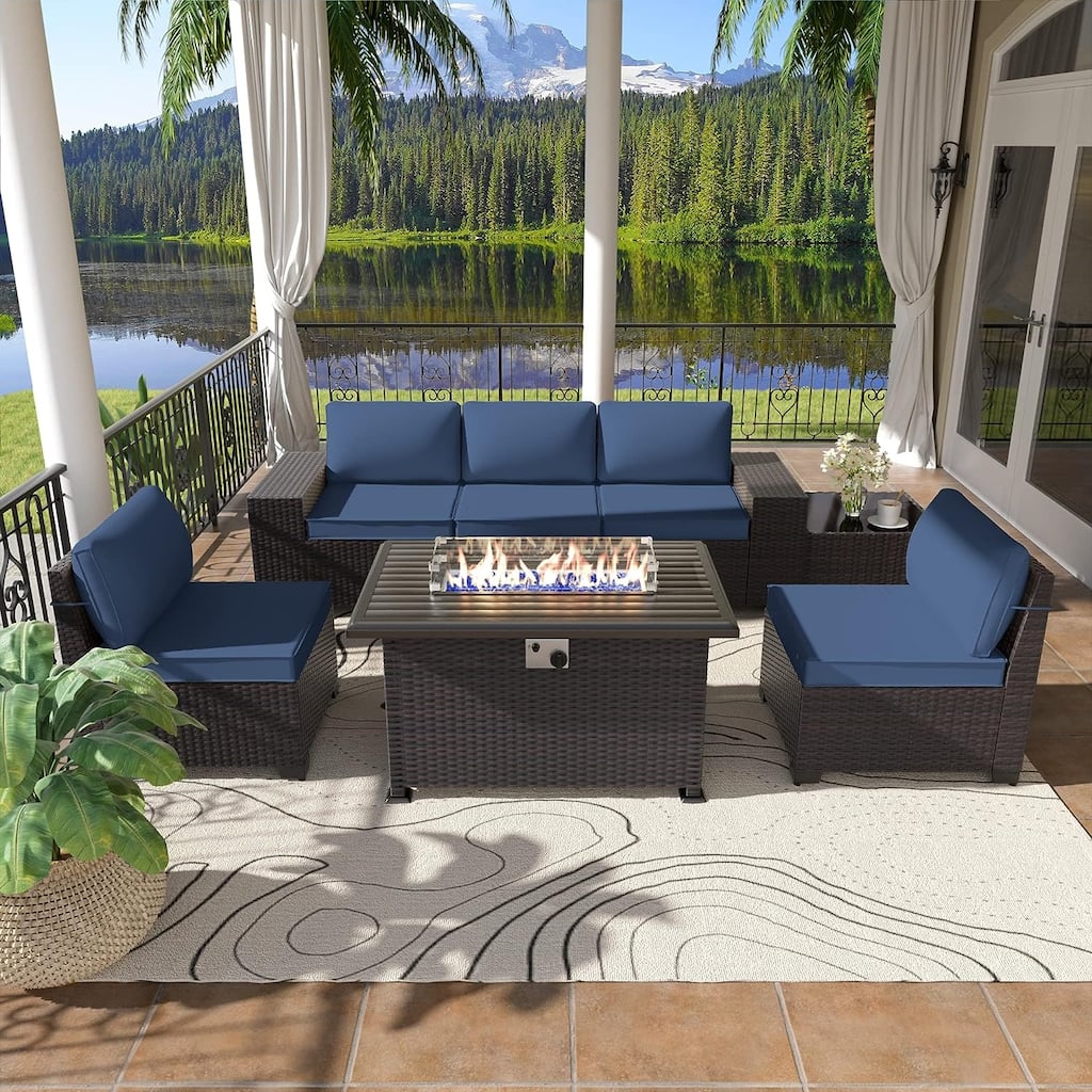 Delnavik 7 Pieces Rattan Outdoor Patio Furniture Sofa Set with Firepit - 7 pcs