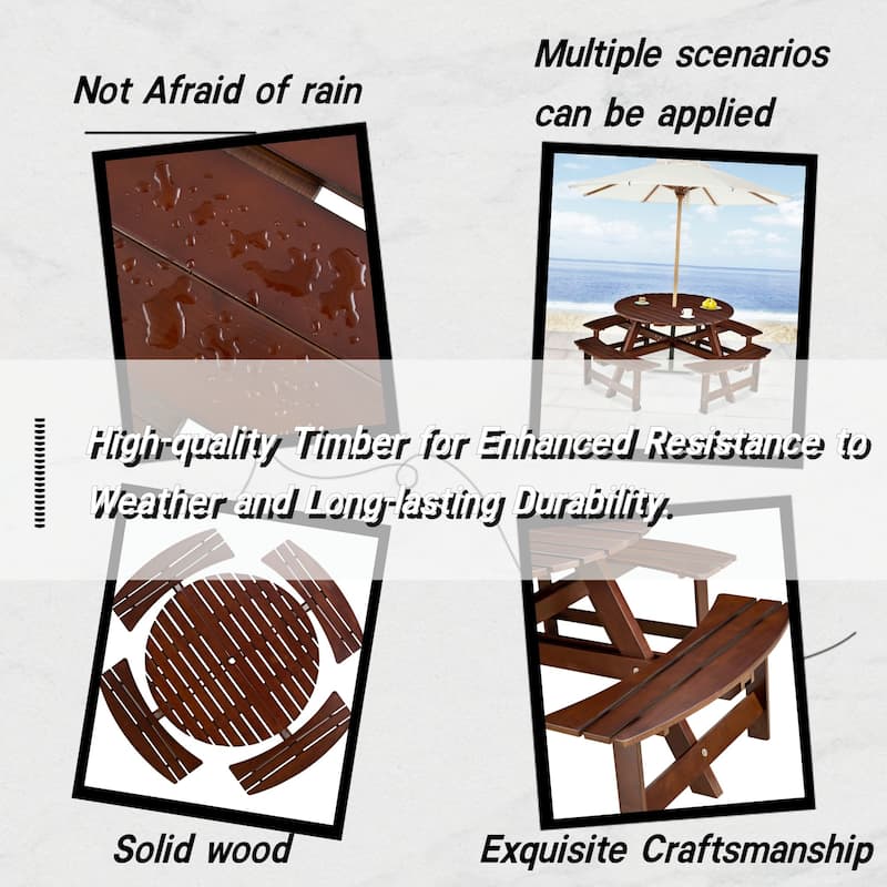 8-Person Outdoor Round Picnic Table Set with Umbrella Hole