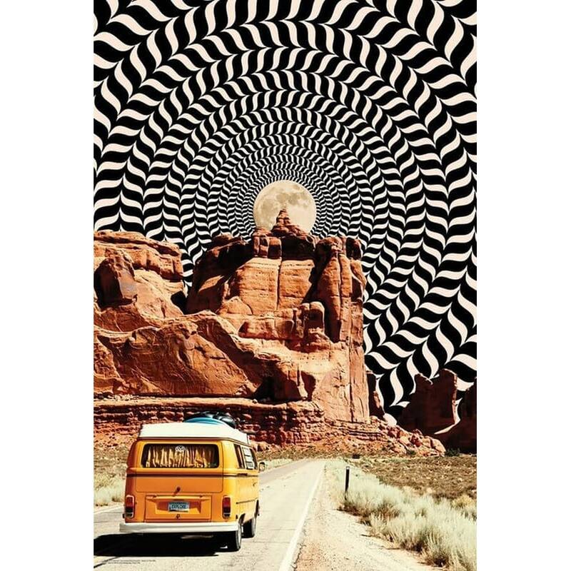 Optical Illusionary Moonlit Sky VW Van Desert Hypnotic Poster Art Poster - 24 x 36 Inch